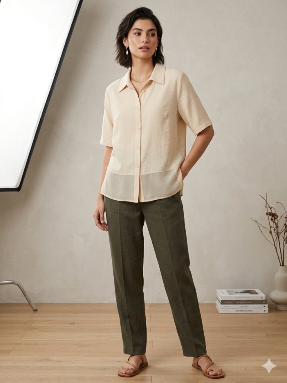 Mlle Gabrielle Women's 3X Linen Blend Chiffon Hem Embroidered Button Down Top